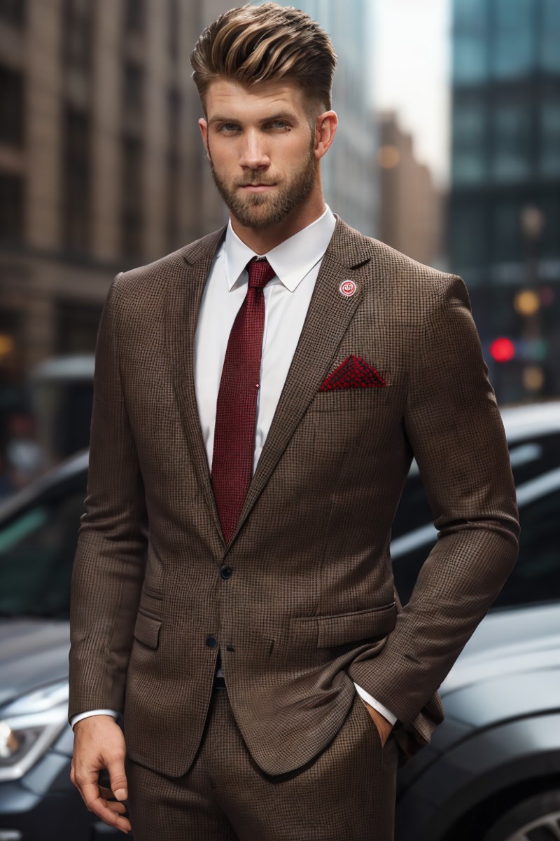 photo of  person,  male,  bryceharper,  at the city,  suit,  shirt,  tie,  pants , medium  shot  smirk,  beard,  brown eye...