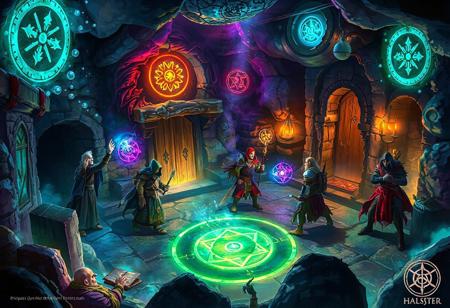 a detailed fantasy poster of the Arcane Chambers in Undermountain. Four adventurers—a human wizard casting a spell, an elf rogue examining a teleportation circle, a dwarf fighter, and a tiefling cleric—navigate a chamber filled with glowing arcane sigils, enchanted doors, and a gravity-reversed section. A spellcasting enemy lurks in shadows. Treasures like a spellbook and glowing artifact are visible. Dynamic magical lighting in blues, purples, and greens contrasts with warm torchlight. Floating motes and arcane patterns add depth. Halaster’s glyph is subtly hidden. Style: realistic with fantasy flair.