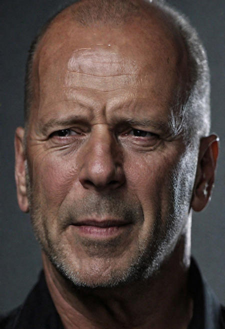 Close-up, (Bruce Willis ), grim smile, relaxed pose, portrait movie shot, serious, menacing, chiaroscuro style photo, dark background, minimalism, dramatic lighting, professional quality, dull highlights and shadows, natural and  original,