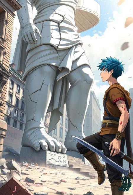 anime style high definition, realistic, good aspect, in a destroyed paris city  a giant cracked greek white statue crazy smile kneeling looking  down a young man bruises  dusty clothes holding a sword blue hair with a confident smile staring at the statue