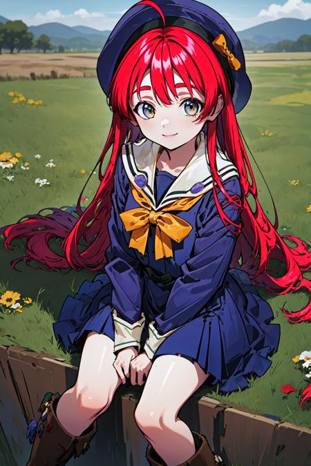 mainami, blue eyes, red hair, very long hair, antenna hair, hair between eyes, blue headwear, bow, school uniform, long sleeves, blue dress,