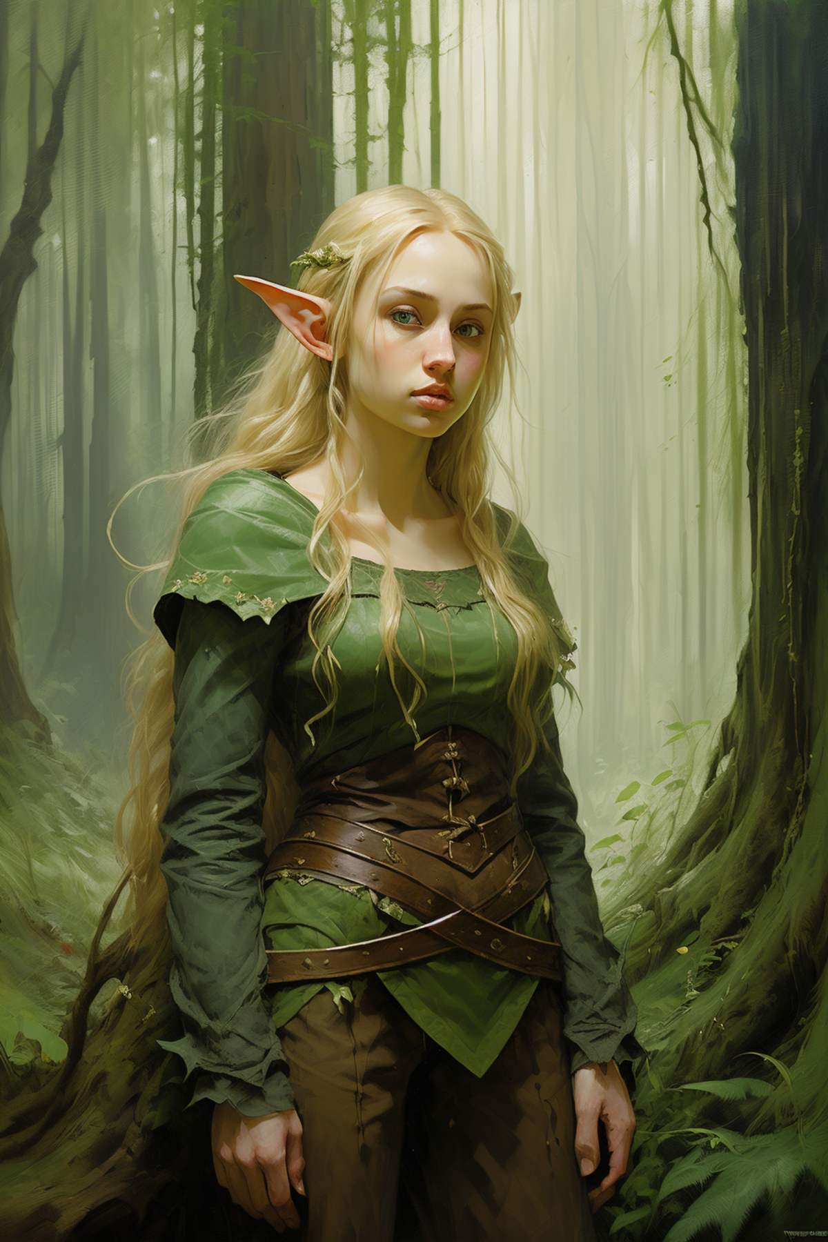 A beautifully painted elf woman is standing in a forest.