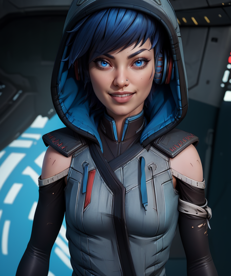 Ava,short blue hair,blue eyes,nose ring,
jacket,sleeveless,detached sleeves,
standing,upper body,headphones,hood,light smile,
spaceship,
(insanely detailed, beautiful detailed face, masterpiece, best quality),<lora:Ava-10BD3:0.9>,