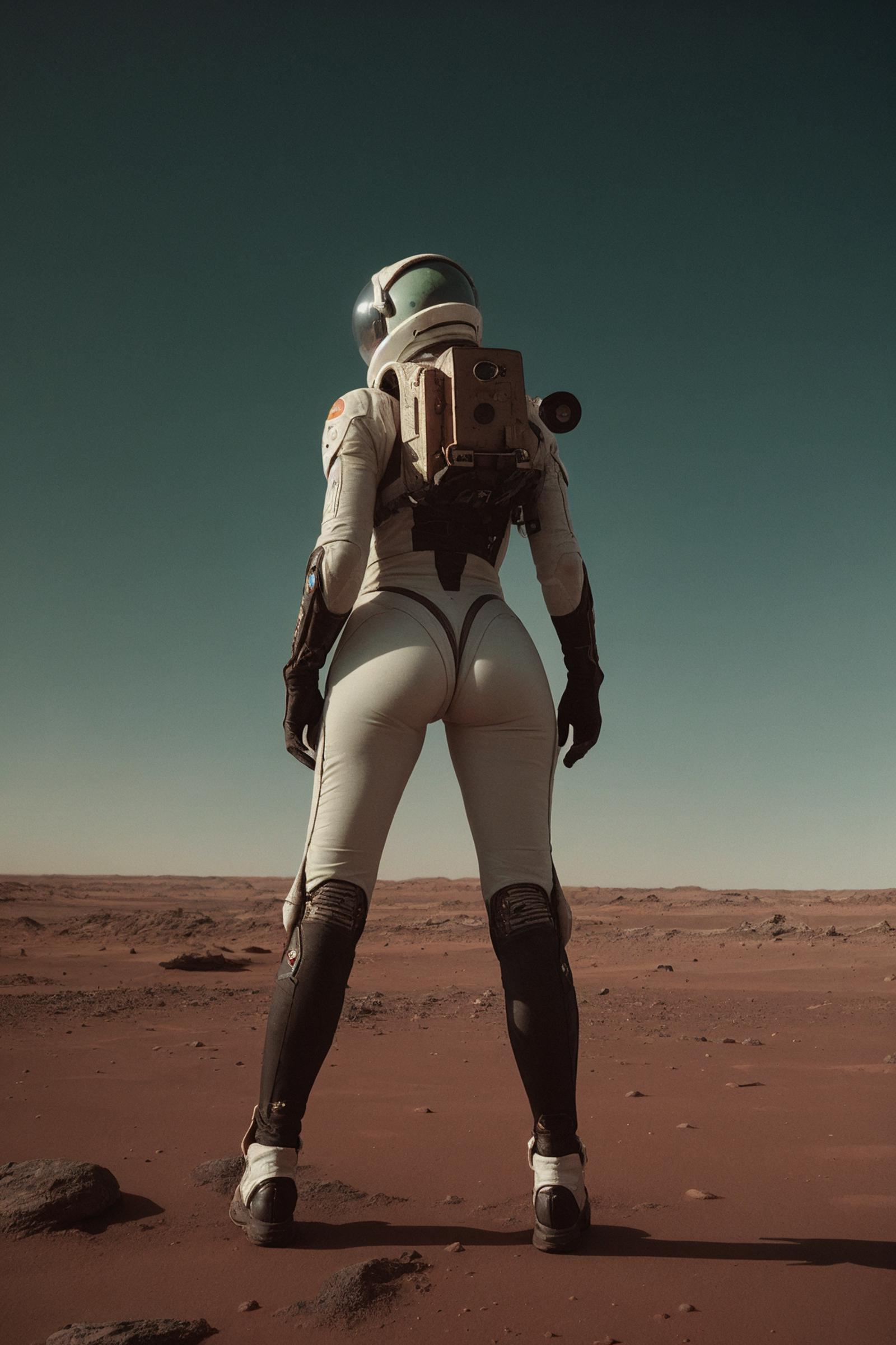 A woman in a white spacesuit stands on a desert planet, facing away from the camera. She is wearing a backpack, which is likely part of her space suit, and appears to be exploring the open terrain. The image captures the vastness of the desert and the woman's adventurous spirit.