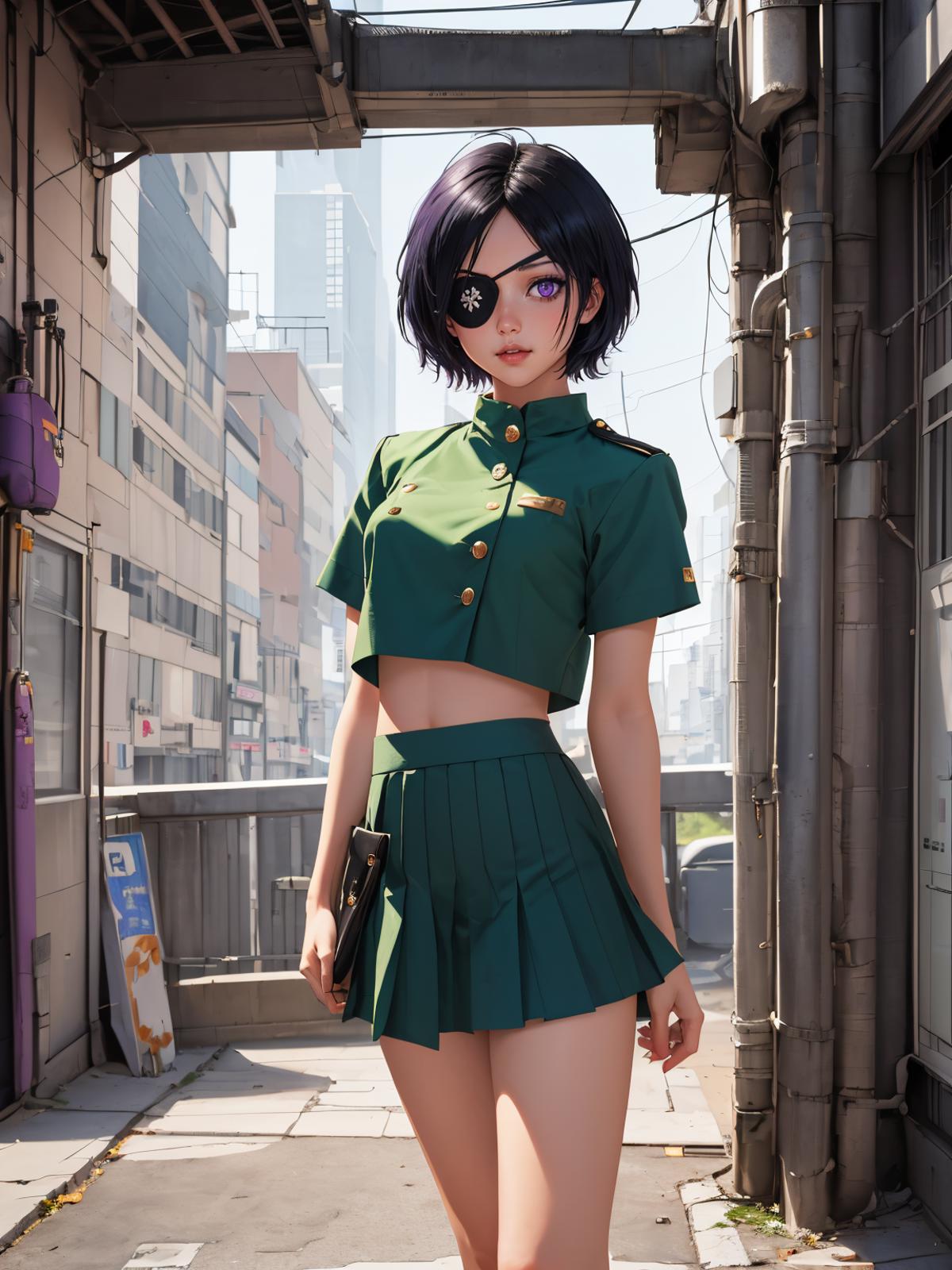 A Female Anime Character in a Green Outfit Standing on a Sidewalk.