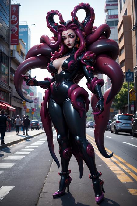 1kaijin, full_body, solo, outdoors, street, city, cars, people,
octopus amazon, 1girl, tentacles, high heels, breasts, lipstick, horns, alien, large breasts, makeup, tentacle hair
(masterpiece,  best_quality:1.3), (realistic:1.3), photorealistic,
<lora:kaijin_v5-000018:0.8>
<lora:stylized_3dcg_v4-epoch-000012:0.4> ,