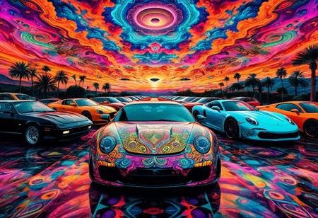 Neo-Surmise, Centered, A psychedelic dream of wealth, overflowing with sports cars and surreal details under a colorful, trippy sky., symmetrical, maximalist, accurate, refined, defined, highly detailed, absolute masterpiece, follow negative prompts, film noir,