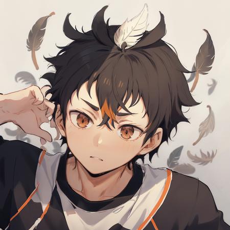 <lora:YuuNishinoya:0.8>  Yuu Nishinoya haikyuu!! nishinoya_yuu highres 1boy ball black_hair blonde_hair brown_eyes clothes_writing feathers footprints karasuno_volleyball_uniform looking_away looking_to_the_side looking_up male_focus multicolored_hair orange_shirt parted_lips playing_sports shirt short_hair simple_background solo sportswear streaked_hair sweat two-tone_hair upper_body volleyball volleyball_uniform white_background