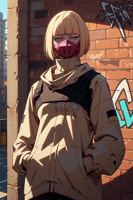 ERKiwi, 1girl, blonde hair, short hair, red eyes, colored sclera, blunt bangs, mouth mask