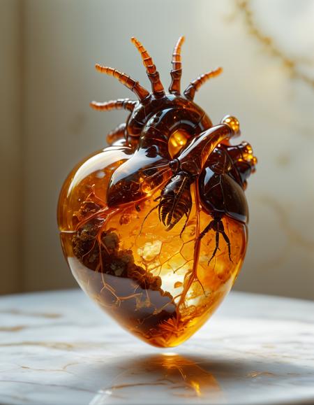improved cinematic photo, 35mm photograph, film, professional, 4k, highly detailed,
An amber fragment enclosing a Human Heart,
The amber fragment is a smooth, slightly irregular sphere, roughly the size of a marble, with a warm golden-brown hue. Its surface is polished, gleaming softly under light, revealing a mesmerizing play of golden, honey, and orange tones. Tiny air bubbles and organic inclusions are scattered throughout, lending it a sense of antiquity and natural complexity.
Inside, a perfectly preserved Human Heart lies suspended in time, its delicate body encased in the translucent amber.
Around the Human Heart, subtle striations and minute organic fragments, possibly plant material or dust, create a vignette that frames the insect. The amber’s clarity varies in places, with some sections slightly cloudy, further accentuating the Human Heart as the focal point. The fragment feels timeless, a tiny time capsule offering a glimpse into a prehistoric world millions of years ago