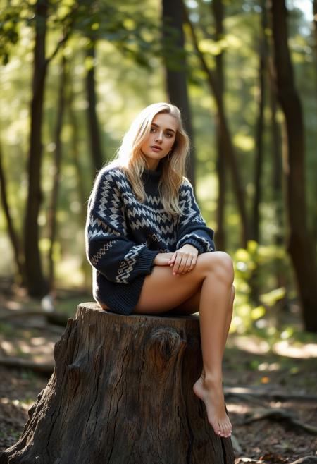 A stunning blonde California model sits on a rustic stump, wearing only a large patterned sweater, bare legs, The background features a soft, blurred forest, with dappled sunlight filtering through leaves