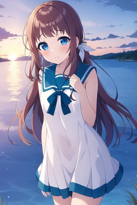 masterpiece, best quality,1girl,solo,loli,mukaido manaka,ruby hair,long hair,blue eyes,white sailor dress,blue sailor collar,blue neck ribbon,hair ribbon,<lora:mukaidomanaka:0.6> ,cowboy shot, sunny,milky way, blurry background, natural light, morning,stunning sunset scene, a crystal-clear lake reflecting the vibrant colors of the sky