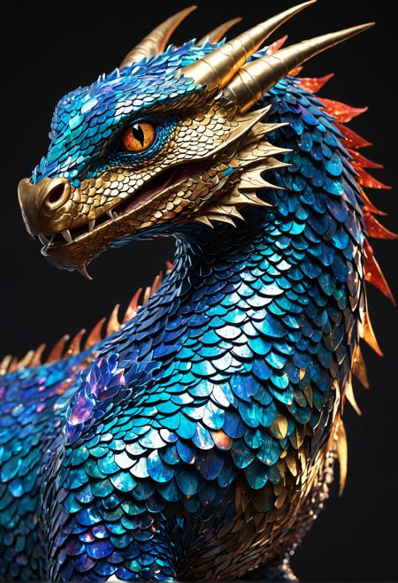 Meet the Glimmerwurm, a mystical creature with iridescent scales that shimmer in hues of blue, gold, and crimson. Lighting: warm sunlit, soft moonlit, flashing lightning-fast. Camera angle: overhead, side view, close-up. Drawing style: Realistic, Expressive, Whimsical. Mixed drawing styles: Realistic lines, Whimsical color palette, Expressive texture.  Glimmerwurm's scales glisten in 4K detail: Prompt: "Capture the Glimmerwurm's ethereal beauty"