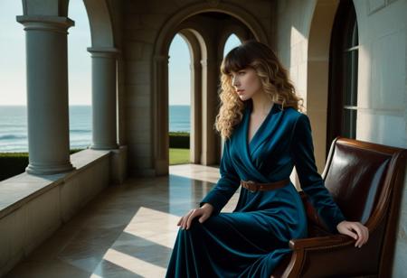 Modern Muse Quartet, 4 beautiful women standing apart yet emotionally intertwined in a dreamlike tableau, windswept coastal estate garden, golden hour with soft overcast sky, marble pathways, sea spray, ambient piano music, cinematic composition. 4girls:  Woman 1: wistful young woman, golden-brown wavy hair, wide-set blue eyes, ivory slip dress fluttering in the breeze, gazing toward the sea, symbol of lost innocence; Woman 2: soft-spoken muse, dark brown hair with blunt bangs, luminous blue eyes, floral ankle-length dress, holding a leather-bound journal, poet dreamer under soft morning light; Woman 3: platinum-blonde curls, sculpted figure, lounging on a velvet chair, sultry green eyes, crimson satin gown, seductive and mysterious presence; Woman 4: striking woman in a structured midnight-blue coat, sharp cheekbones, intense brown eyes, pinned-up hair, standing in shadows of an arched stone doorway, revolutionary elegance; Light dappling through windows, soft cinematic lighting, reverent and emotional mood, realism + fantasy blend. ((sfw)).