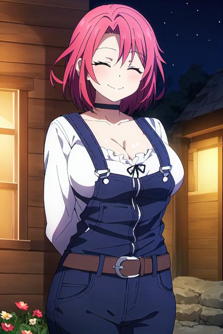 Cow Girl, 1girl,  solo,  breasts,  closed eyes,  cleavage,  arms behind back,  smile,  overalls,  short hair,  choker,  blush,  shirt,  large breasts,  white shirt,  collarbone,  outdoors,  night,  red hair,  belt,  flower
high quality, best quality, ultra detailed, masterpiece, <lora:EMS-59220-EMS:0.700000>