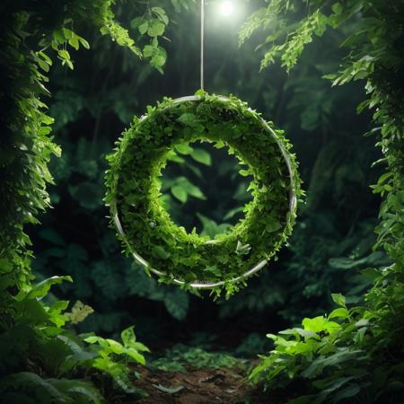 a close up of a plant with a light in the middle of it, a digital rendering, by Anna Füssli, environmental art, green neon signs, ring light, awesome greate composition, ivy, high quality image”, bright halo, jungle as the background