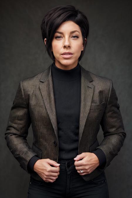 danalinnbailey, woman, face, portrait, highly detailed, realistic, short hair, black hair, tanned, formal, jacket,
 <lora:DanaLinnBaileySD:1>