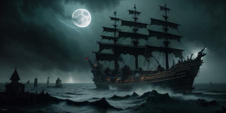 epic picture, ultra detailed illustration, very high quality, 8k, masterpiece, best quality, hyper detailed, (cinematic wide shot) , ultra intricately detailed textures, A dark and eerie ghost pirate ship emerges from the fog, black flag, skull pattern, moon, storm, hurricane, horror, creepy, lightning, (greenish light:1.3)
