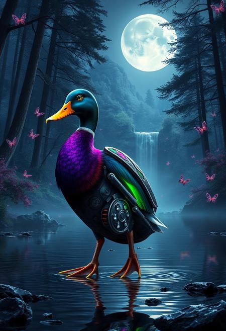 Against a backdrop of moon-lit enchanted forest,a biomechanical duck stands out in stark contrast. Vibrant hues of electric purple and neon green adorn its mechanical limbs,while its colorful feathers shimmer with iridescent sheen. As it crosses the shallow river,the duck's gaze is fixed on the distant waterfall,its gemstone eyes sparkling. some colourful butterflys flying around, The natural landscape provides a dramatic frame for this forest,bathed in the glow of moon,vibrant colors,backlight,high contrast,ultra realistic,dof,(subsurface scattering),fog. Steampunk,