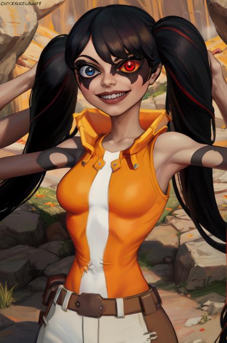 orendi, heterochromia, black hair, twintails,   black eye, red eye, extra arms, 4 arms, 
orange and white top, sleeveless, orange pants, dark arms,  black arms, 
smile, teeth, 
upper body,  upperbody, standing, 
outdoors,  cave, dark magic, 
(insanely detailed, beautiful detailed face, masterpiece, best quality)
 <lora:orendi-10:0.9>