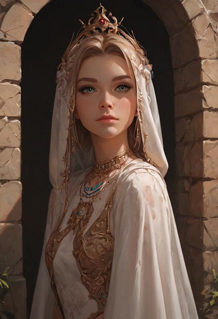 masterpiece,best quality, highly detailed, score_9, score_8_up, score_7_up, score_6_up, score_5_up, score_4_up, Expressiveh, A high contrast eye catching [Realist] cute [Tomboy] Fantasy adventurer. Set against a [Abandoned Ruins]. Design should be [Fantasy]. Explorer Clothes Portrait Mode. Closed Mouth. full body view, medium breast