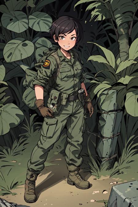 (masterpiece),(best quality),absurdres,1girl,xinomvn,standing,small breasts,(,straight-on,looking at viewer:1.1),tomboy,character portrait,military uniform,shirt,pants,(long sleeves,gloves:1.1),combat boots,full body,smiling,in military base,fortifications,jungle,sandbags,barbed wire,detailed background,style of vietnam war,(wide shot), <lora:XinomVN:0.75>, <lora:add_detail:0.4>