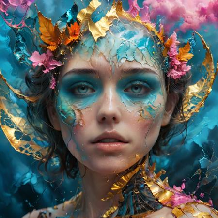 Imagine a world where reality shimmers and bends, where elements of water, clouds, and leaves flow seamlessly through landscapes, portraits, and sci-fi scenes. fractal cracked surface, Paint a vivid dreamscape with a touch of chaos, where striking gold, blue, pink, orange, and teal hues dance across the canvas. Embrace the surreal, the unexpected, and the mesmerizing. Remember, hyperkraximalism thrives on the edge of reality, so don't be afraid to push boundaries and let your creativity flow!
 <lora:xl_more_art-full_v1:0.6>, <lora:add-detail-xl:1.0>, <lora:glowneon_xl_v1:1.0>, <lora:hyperkraximalism_SDXL:0.3>