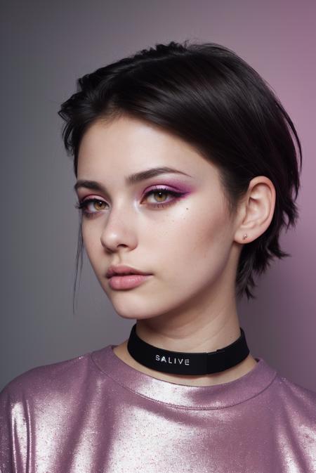 raw photo, a cute skeptical girl, dark brown long pixie, 20 years old, eye shadow, glitter eyeliner, bulky, choker, realistic skin texture, oversize t-shirt, (Fluorescent Pink:0.8), hardcore, cold lighting, morbid atmosphere, trending on ConceptArtWorld style, fashion (cave:1.1), (sfw:0.9), highly detailed photography, (muted colors, cinematic, dim colors, soothing tones:1.2), vibrant, insanely detailed, hyperdetailed, (dark shot:1.2), (vsco:0.3)