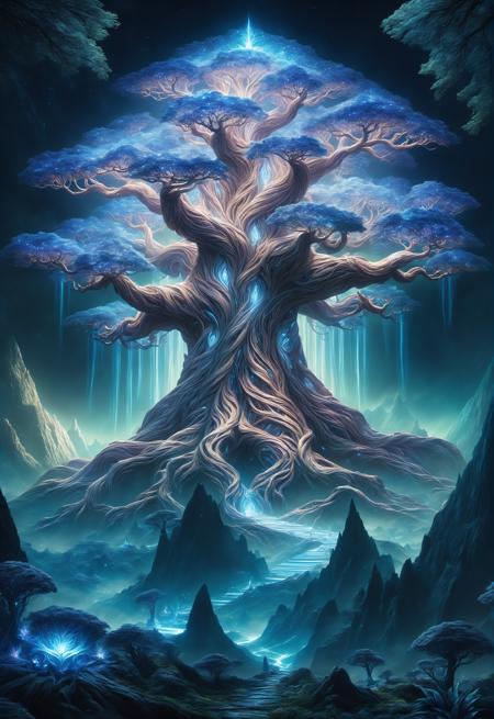 hyper detailed masterpiece, DonM3t3rn1tyXL,  magical mountain with the enormous ancient Worldtree. Its should be dim and mystical, possibly glowing with an otherworldly bioluminescent light. Its pose is majestic and regal, exuding a sense of magical power and grace. Set the in an enchanting ethereal light and mystical flora surrounding it <lora:DonM3t3rn1tyXL-v1.1-000008:0.8>