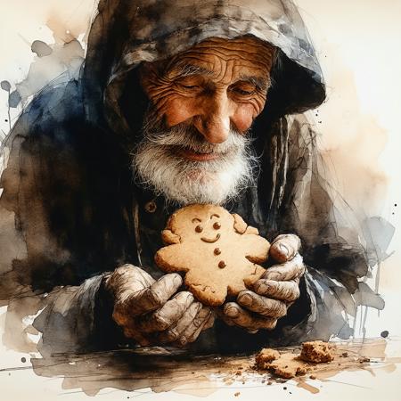 Ink art, watercolour washes, charcoal shadows: Intimate close-up of a wisened elder, deeply etched smile, delicately cradling a warm gingerbread cookie. Arthur Rackham's expressive lines, Rembrandt's poignant lighting. Sepia, ochre, desaturated blue palette. Soft window light casts gentle chiaroscuro on papery skin, crumbly cookie. Dust-moted sunbeam illuminates antique lace, worn wood. Focus: knowing eyes, gentle hands, central cookie. Atmosphere of nostalgic tenderness, quiet contemplation; implied baking spices, wisp of steam.