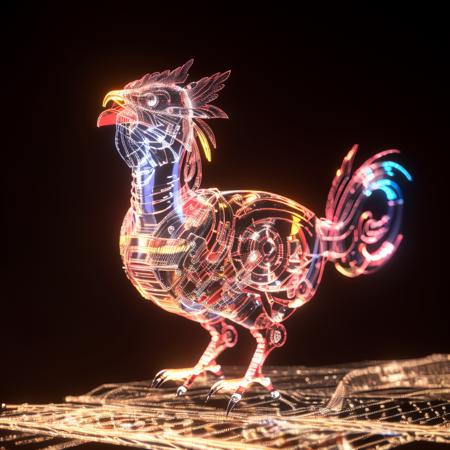 a (shineglasscd, neon lights, light particles, colorful:1.3, gradient, chromatic aberration) mechanical rooster, standing, (solo:1.2), <lora:shineglasscd-000027:0.9>, no humans, high quality, masterpiece, realistic, photorealistic, (dark background, lens flare, blurry, dof, full body)