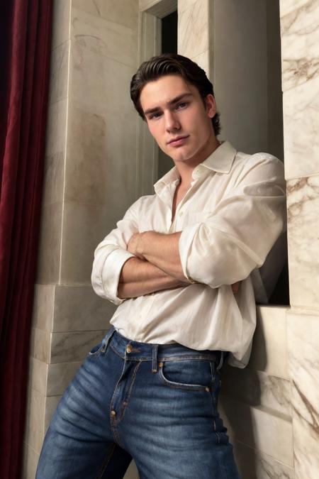 RAW Photo, closeup face portrait photo of man levi_conely wearing elegant Burberry shirt and Dark Wash Jeans <lora:levi_conely-06:0.9>, style of David LaChapelle