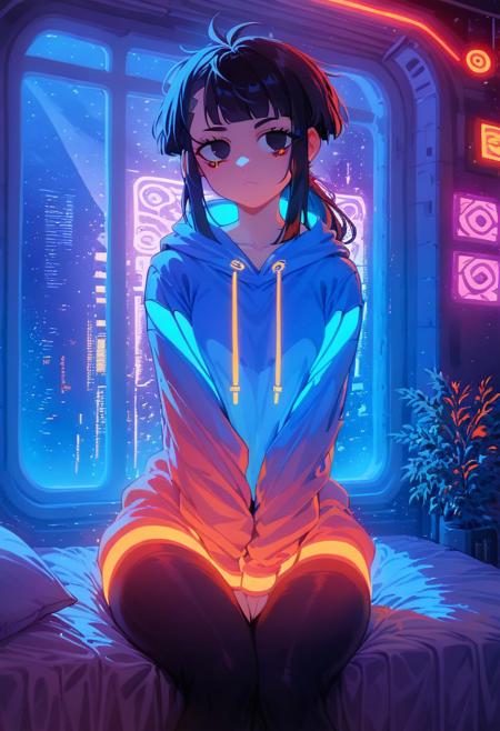 score_9,score_8_up,score_7_up,score_6_up, 1girl, 
 sitting in bed next to a large window, hands between thighs, wearing croptop hoodie, black croptop hoodie, long hair, black hair, blue strip in hair low ponytail hairstyle, black eyes, <lora:DetailedEyes_V3:1> <lora:add_detail:1>, pov from the side, sitting on the bed, hoodie, plants on the windowsill, looking out the window, looking away from viewer, background through window is vast space, galaxy background, wearing tights, leggings, black tights, thighs, night time, cyberpunk city view out of the window, neon light, purple neon lights, raining outside, heaving rain outside, girl is dry, no rain inside