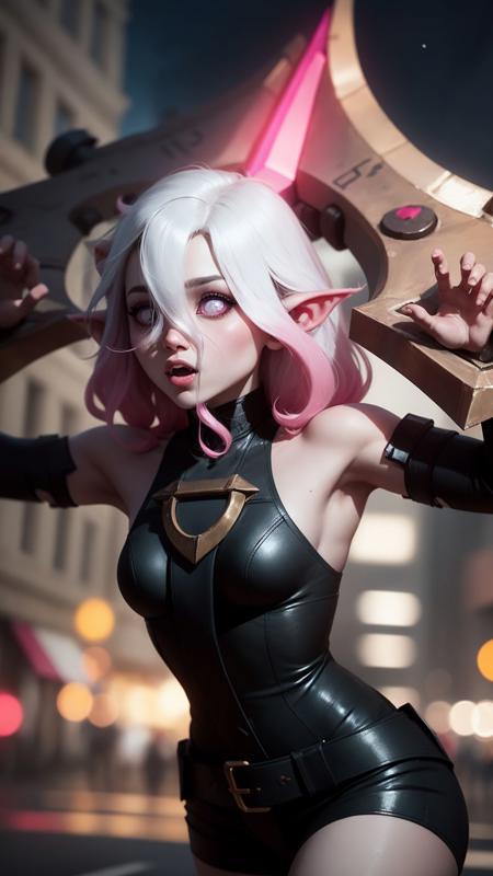 pointy ears,pink sclera,white hair with pink streaks,hands up,head shackles, night, stars,black clothes,OUTDOORS,masterpiece,league of legends, blurry background, depth of field, shiny  <lora:BriarV2:0.9>