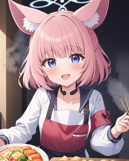 niko \(blue archive\),1girl, halo, solo, looking_at_viewer, apron, armband, food, holding_chopsticks, blush, open_mouth, serafuku, animal_ear_fluff, steam, smile, long_sleeves, skirt, collarbone, cooking, kitchen
<lora:niko_(blue_archive)_image432_2023-12-03:1>halo. gorgeous,key visual, vibrant, studio anime,award-winning, professional, highly detailed,high budget, cinemascope