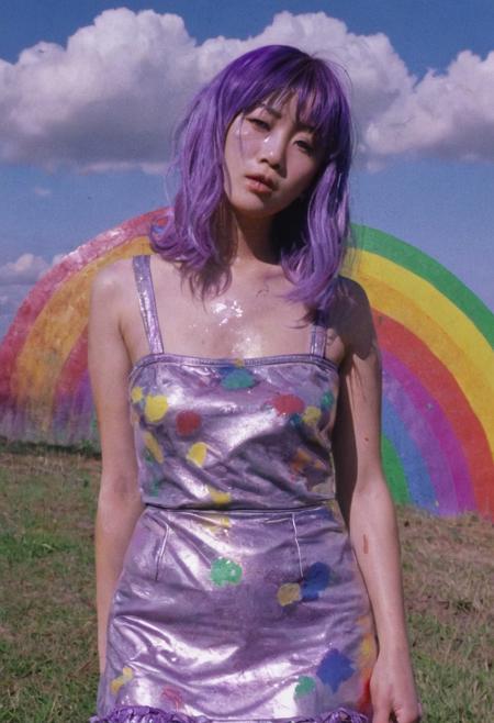 A beautiful female model, Japanese, with purple hair, rainbow dress, paint, glitter, messy paint, rainbow, clouds, rainbow, sunny, saturated colors, detailed, DSLR, UHD, the 1980s, VHS footage