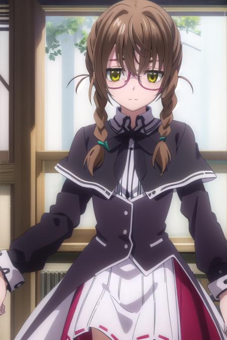 aikakiryuu, <lora:aika kiryuu anime s2-lora-nochekaiser:1>,
aika kiryuu, long hair, brown hair, (green eyes:1.5), braid, glasses, twin braids, smile,
BREAK shirt, ribbon, school uniform, white shirt, black ribbon, neck ribbon, capelet, black capelet, long sleeves, skirt, red skirt,
BREAK indoors, classroom,
BREAK looking at viewer, (cowboy shot:1.5),
BREAK <lyco:GoodHands-beta2:1>, (masterpiece:1.2), best quality, high resolution, unity 8k wallpaper, (illustration:0.8), (beautiful detailed eyes:1.6), extremely detailed face, perfect lighting, extremely detailed CG, (perfect hands, perfect anatomy),