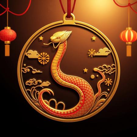 Generate a medal with the theme of “Snake Year Spring Festival,” and the design should meet the following criteria:
Theme-appropriate design: The central focus of the medal should feature a beautifully and smoothly designed snake representing the Snake zodiac year. It can incorporate traditional Chinese cultural elements, such as clouds, lanterns, couplets, firecrackers, etc., to reflect the festive atmosphere of the Spring Festival.
Reflect the UI style of the site "hdkyl": Please refer to the UI design style of the site "hdkyl," using a color scheme primarily of red, gold, and yellow. The design should combine simplicity with elegance, presenting a modern yet festive feel that blends technology with traditional holiday elements.
No real people, real-world scenes, or AI-generated people: The design should not include any real human figures or real-world scenes. Focus on showcasing the elements of the Spring Festival and the symbolism of the Snake zodiac year, avoiding real-life people or scenes.
No inappropriate elements: Avoid any disturbing elements such as blood, horror, pornography, or distorted, unnecessary limbs, and meaningless text.