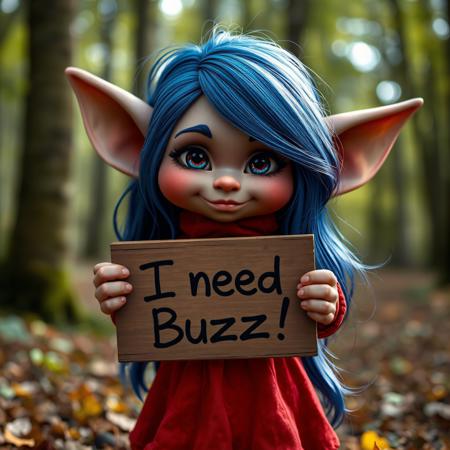 masterpiece, intricate photo, cute beautiful female gremlin holding a sign where the sentence is printed on "I need Buzz!", long blue hair, red dress, background sherwood forest, dark pink skin, highly detailed, sharp focus, cozy outdoor lighting, best quality, high resolution, 8K