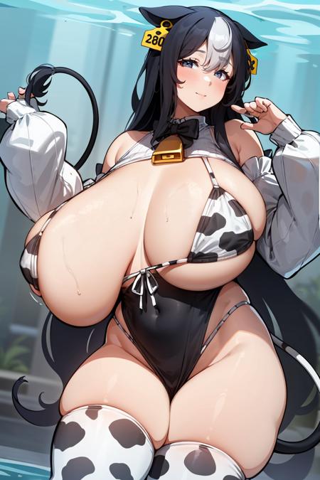 eliteDairyCow, very long hair, gigantic breasts, cow tail, grey eyes, blue eyes, mature female ear tag, bell, cow print, long sleeves, detached sleeves, sleeveless shirt, halterneck, ribbed shirt, frills, animal print, cowbell, bow, bowtie, long sleeves, black bow, bare shoulders, thighhighs, black dress, long dress, side slit, front-tie bikini top, bikini top only