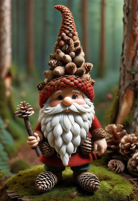 ral-pinecone, 
Create a charming and whimsical gnome crafted from natural materials, with a pine cone as its central body. The pine cone should be medium-sized, textured, and slightly rounded, mimicking the shape of a gnome’s stout figure. Atop the pine cone, place a small wooden bead or acorn as the head, giving it a smooth and natural facial appearance.
The gnome should wear a tall, pointed felt hat in earthy tones such as deep red, forest green, or warm brown, slightly bent at the tip for a playful look. A soft, fluffy material like cotton, wool, or moss should form a long, flowing beard that extends from under the hat, covering part of the pine cone.
For arms, use small twigs, felt, or pipe cleaners, positioned as if the gnome is holding a tiny woodland accessory—perhaps a miniature lantern, an acorn, or a tiny walking stick. The feet can be small wooden pegs, clay, or bark pieces attached to the bottom, allowing the gnome to stand upright.
The background should be an enchanted forest setting, with soft moss, tiny mushrooms, and twinkling fairy lights, giving the gnome a magical and cozy woodland home