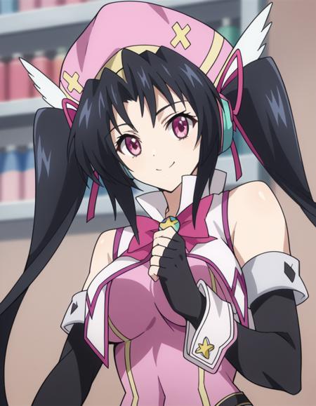 serafall leviathan, long hair, black hair, twintails, pink eyes, large breasts gloves, hat, bare shoulders, elbow gloves, fingerless gloves, cosplay, magical girl,