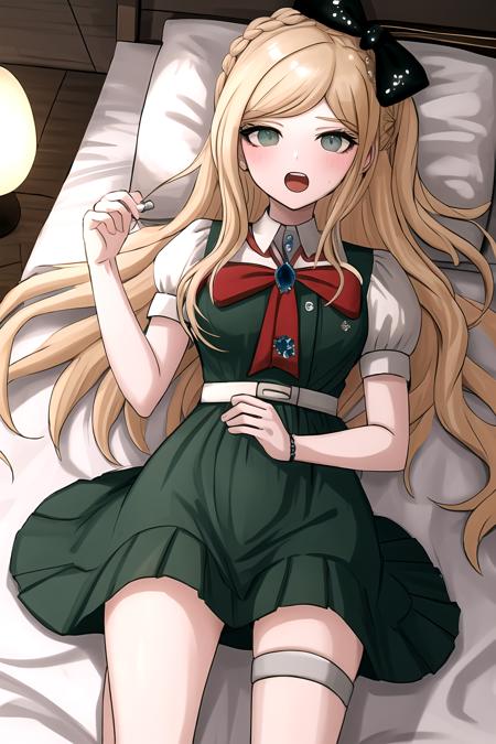 masterpiece, best quality, highres,  <lora:SoniaDG:1>, 1girl, solo, puffy short sleeves, braid, hair bow, green dress, jewelery, on back, bed, (drunk), white shirt,