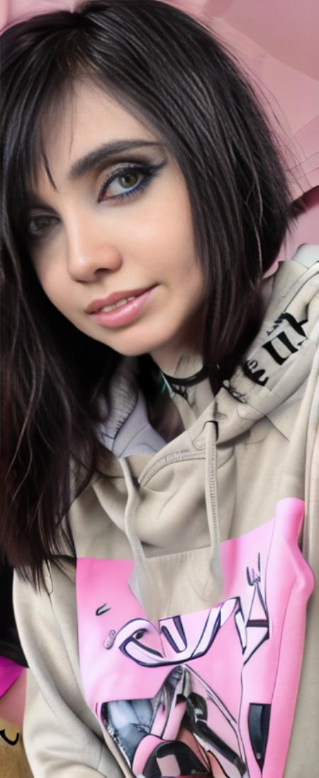 ( skinny :1.2), thin girl, with pastel sweatshirt, with black hair, <lora:EugeniaCooneyV4:1> emo style hair , black hair