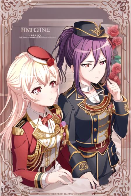 Kaoru Seta / Chisato Shirasagi, 2girls, bangs, black jacket, blonde hair, blue jacket, collarbone, corset, couple, cover, cover page, cropped jacket, doujin cover, epaulettes, eye contact, eyelashes, flower, frilled shirt collar, frills, hat, hat ribbon, imminent hand holding, jacket, long hair, long sleeves, looking at another, medal, military, military uniform, multiple girls, pink eyes, ponytail, purple hair, red eyes, red flower, red headwear, red ribbon, red rose, ribbon, rose, sidelocks, tassel, textless, uniform, upper body, yuri
<lora:garupa_v1.0:1>