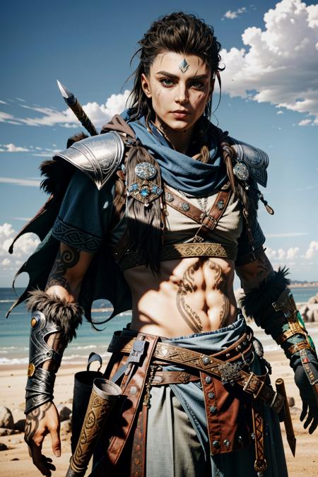 (masterpiece, best quality)
EivorWAssa, 1girl, solo, looking at viewer, short hair, black hair, navel, jewelry, weapon, cowboy shot, outdoors, sky, day, midriff, belt, pants, sword, cape, armor, blue sky, lips, fur trim, tattoo, scar, knife, sheath, scar on face, sheathed, realistic, vambraces, bracer, dagger, facepaint, weapon on back
<lora:epi_noiseoffset2:1>  <lora:add_detail:0.7>   <lora:EivorWAssa:0.9>