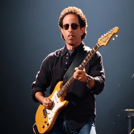 Jerry Seinfeld wearing sunglasses, playing electric guitar on stage
 <lora:Jerry_Seinfeld-000006:1>