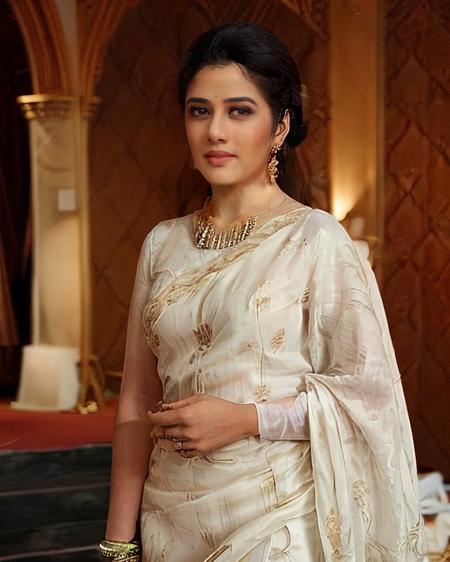 ultra-realistic hires photo of a (giri woman), looking looking at viewer, elegant high neck dress Indo-Western Gown, fashion shoot, Dolly zoom camera angle  <lora:giri_Girija_Oak_SD15_LoRA_prodigy:1>