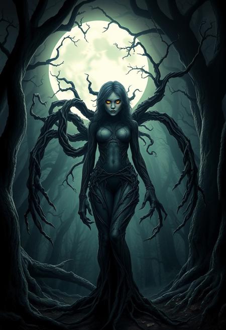 A woman stands in the middle of a dark, enchanted forest. As the moonlight filters through the twisted branches, her body begins to transform into a grotesque, tree-like creature with gnarled limbs and bark-like skin. Her eyes glow with an eerie light, reflecting the ancient magic of the forest.