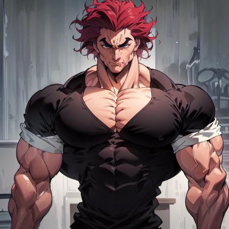 highres,High quality,(Beautiful), ((masterpiece)),vibrant colors,  solo,1boy, abs, biceps, covered abs, large pectorals, male focus, manly, muscular, muscular male, pectorals, red hair, solo, spiked hair,shirt, <lora:YujiroV9:1>